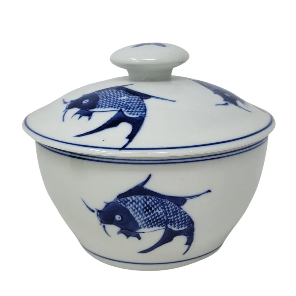 Vintage Chinese Blue & White Koi Fish Carp Soup Tureen Lid Serving Dish 6